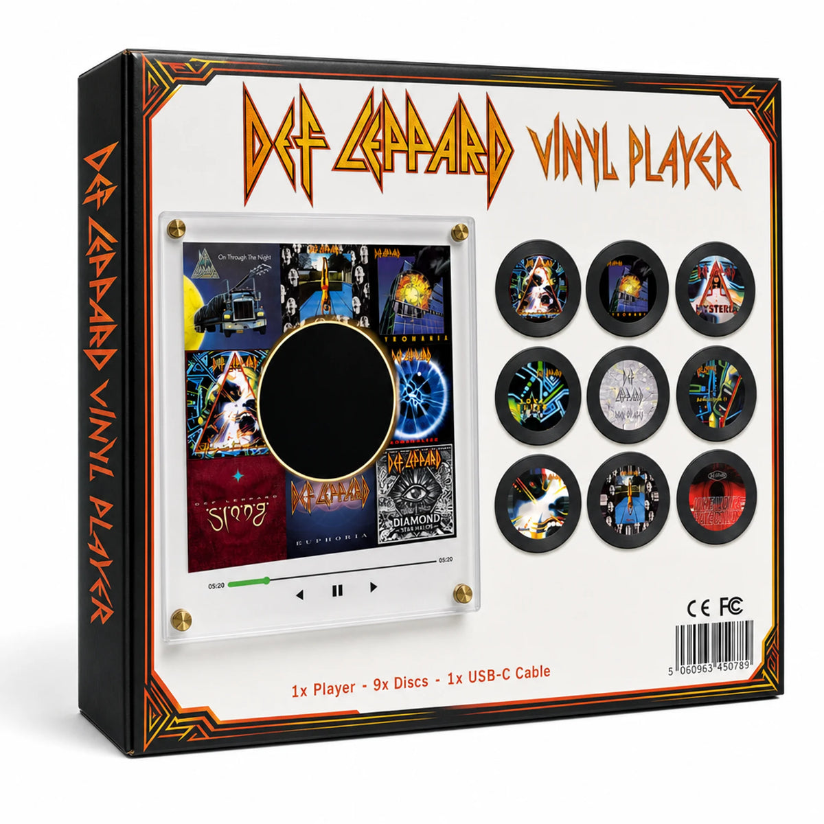 Def Leppard Vinyl Player box — 1 player, 9 discs, USB-C cable