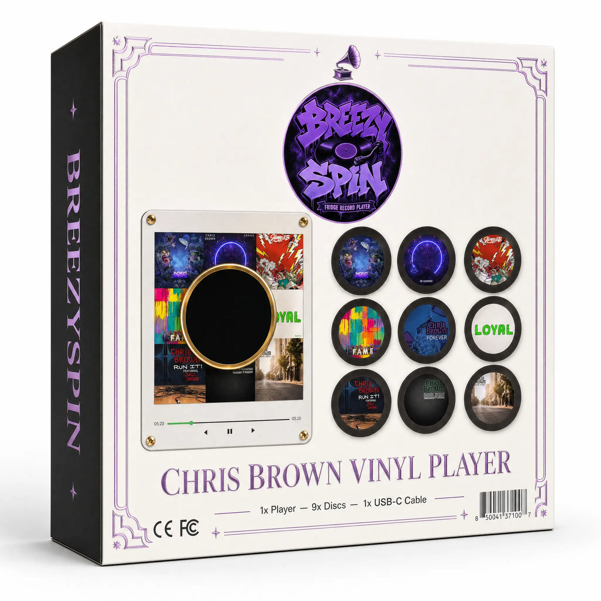BreezySpin Chris Brown Vinyl Player box — 1 player, 9 discs, USB-C cable