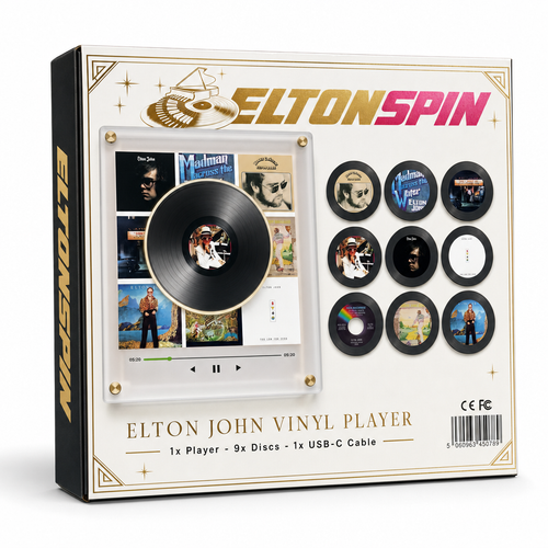 ELTONSPIN Elton John Vinyl Player box — 1 player, 9 discs, USB-C cable