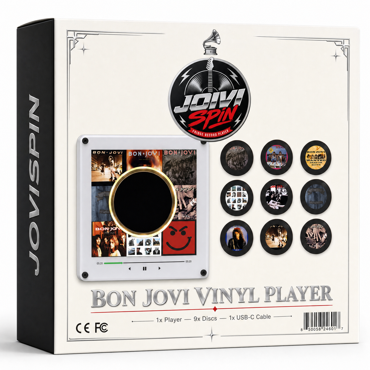 JOVISPIN Bon Jovi Vinyl Player box — 1 player, 9 discs, USB-C cable
